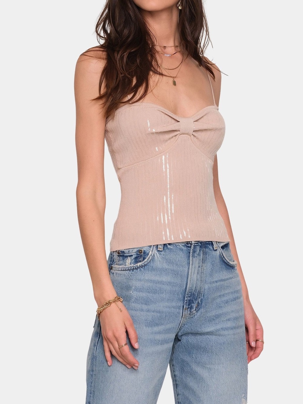 Kelsa Sequin Bow-Front Cami Tank Top - Blush